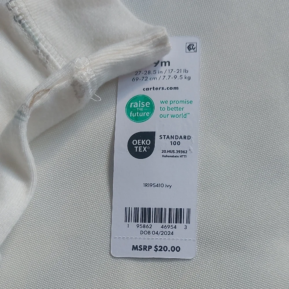 Carter's White Footie One Piece with‎ Soft Cotton Comfort 9 months